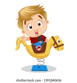 Cute blond boy sitting on toy horse with coil spring. Little horseback rider, cowboy playing. Concept of happy, careless childhood. Vector cartoon illustration isolated on white background.