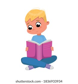 Cute Blond Boy Sitting on Floor and Reading Book, Preschooler Kid or Elementary School Student Enjoying Literature Cartoon Style Vector Illustration