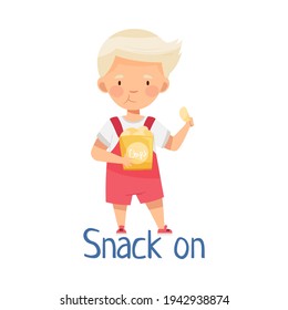 Cute Blond Boy Snacking On Potato Chips Vector Illustration