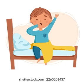 Cute blond boy wake up vector illustration. The child wakes up in his bed. Daily routine. Schedule. Illustration on abstract background