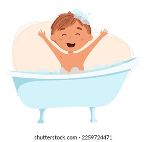 Cute blond boy washes in the bathroom vector illustration. Child having fun in a bubble bath. Daily routine. Schedule. Illustration on abstract background