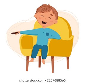 Cute blond boy watching TV vector illustration. Child is resting after routine activities, sitting in a chair and watching cartoons. Daily routine. Schedule. Illustration on abstract background