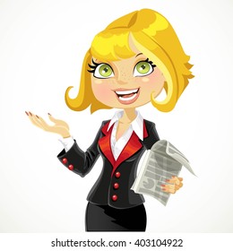 Cute blond business woman explains something or gives a presentation isolated on a white background