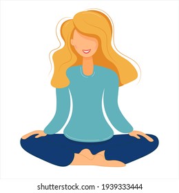 Cute blond cartoon girl in yoga lotus practices meditation. Practice of yoga. Vector illustration on white background. Young and happy woman meditating