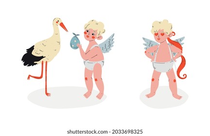 Cupido chico rubio con conjunto de vectores Bow y Stork