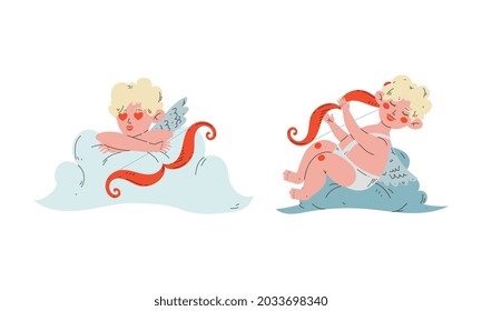 Cute Blond Cupid Boy with Bow on Soft Cloud Vector Set