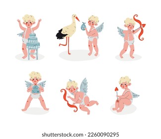 Cupido chico rubio lindo con conjunto de vectores Bow, Stork, Arrow y Cake