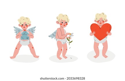 Cute Blond Cupid Boy Holding Red Heart and Plucking Camomile Petals Vector Set