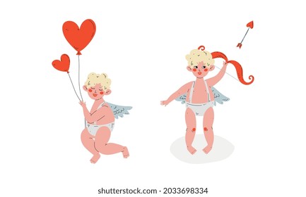 Cupido chico rubio que sostiene globos y flecha de disparo con conjunto de vectores de reverso