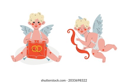 Cute Blond Cupid Boy mit Hochzeitsraten und Bow Vector Set