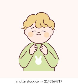 Un chico rubio y curado, con la mano y sonriendo. ilustración vectorial de estilo de diseño plano.