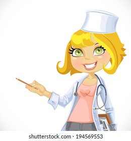 Cute blond doctor - explains something. Portrait of a pretty girl