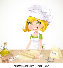 Cute blond girl baking cookies isolated on white background