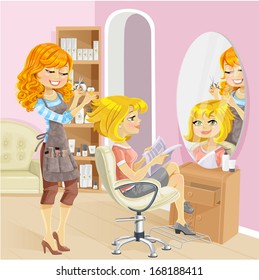 Cute blond girl in a beauty salon at the hairdresser