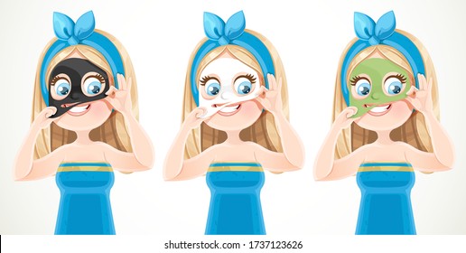 Cute blond girl in a blue bath towel and tied hair removes cosmetic mask in different colors from the face isolated on white background