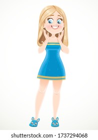 Cute blond girl in blue sauna towel with wet hair happy with appearance stand on white background