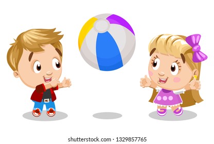 Cute blond girl and boy playing, throwing a ball to each other. Concept of happy careless childhood, kid`s relationships. Cartoon illustration isolated on white background.