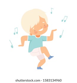 Cute Blond Girl Dancing, Adorable Kid Having Fun and Enjoying Listening to Music Cartoon Vector Illustration