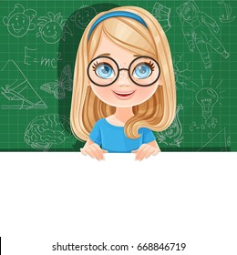 Cute blond girl in glasses holds a large white horizontal banner on green background