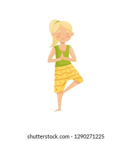 Cute blond girl meditating, standing on one leg. Young woman doing yoga exercise. Flat vector illustration