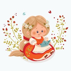 A Cute Blond Girl In A National Costume Sits Under A Wild Rose Bush With A Paper Boat In Her Hands And With A Wreath Of Daisies On Her Head. Apron With Cross Stitch Red Berries And Butterflies, Eps 10