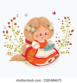 A cute blond girl in a national costume sits under a wild rose bush with a paper boat in her hands and with a wreath of daisies on her head. Apron with cross stitch Red berries and butterflies, eps 10