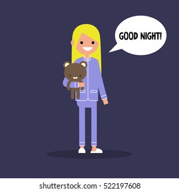 Cute blond girl in pajamas saying "Good night!" / flat editable vector illustration, clip art