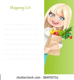 Cute blond girl with paper bag fresh fruits and vegetables hold white banner shopping list