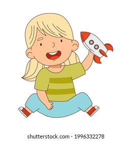 Cute Blond Girl Playing with Rocket Toy Having Fun On Her Own Enjoying Childhood Vector Illustration