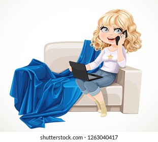 Cute blond girl sitting with laptop and phone on the small couch for two beige leather trimmed draped blue plaid isolated on white background