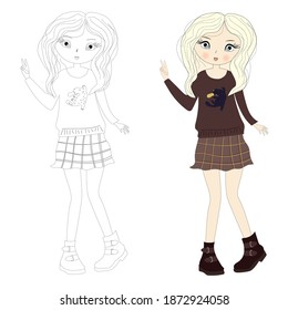 Cute  blond girl in a skirt in a cage and a sweater. Vector illustration, linear drawing for coloring.