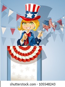 Cute blond girl in a suit of Uncle Sam stands on the podium with flag of USA