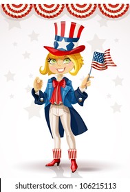 Cute blond girl in a suit of Uncle Sam