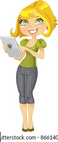 cute blond girl with tablet computer
