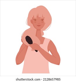 Cute blond girl take care of hair with brush. Comb hair routine for health and beauty. LongHairstyle. Vector illustration isolated on white background. 