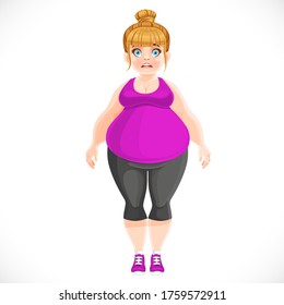 Cute blond girl very full before  losing weight in a tracksuit isolated on white background