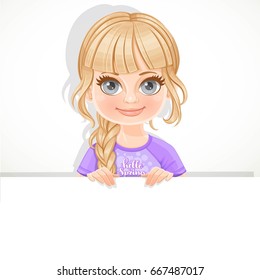 Cute blond girl in violet tee-shirt holds large horizontal banner on a white background