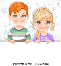 Cute blond girl in violet tee-shirtnd redhaired boy holds large white horizontal banner on a white background with a school doodles