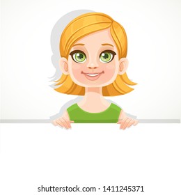 Cute blond gschoolgirl in green top holds large white horizontal banner on a white background