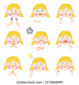 Cute Blond Haair Blue Eye Girl Kinder Kinder Unterschiedliche Ausdrücke Emotionen Emotionen Emotionen Hand Doodle Zeichen Feelings Faces Collection Set Symbol Vektorgrafik