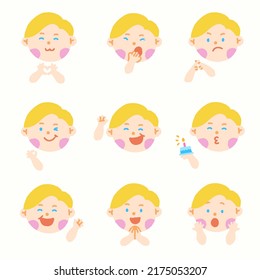 Cute Blond Hair Blue Eye Boy Kids Children Different Expression Emotions Emotional Emoticon Hand Doodle Character Feelings Faces Collection Set Icon Vector illustration