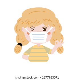 Cute blond hair girl wearing medical face mask with hand gesture saying everything is alright. Smiling winking little kawaii girl say “ok”, vector illustration isolated on white background.