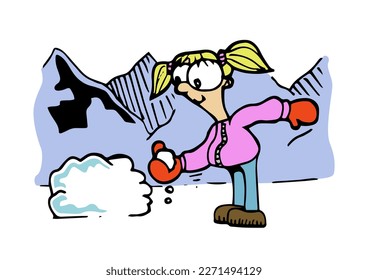 Cute blond hair little girl character smiling standing wearing winter clothes playing with snow with mountain landscape at the background in a cold day. Colorful cartoon style vector illustration.