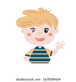 Cute blond hair man with hand gesture saying everything is alright. Smiling winking little kawaii boy say “ok”, vector illustration isolated on white background.