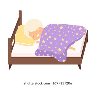 Cute Blond Little Boy Sleeping Sweetly in His Bed under Blanket Vector Illustration