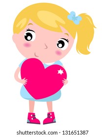 Cute blond little blond girl with pink heart isolated on white