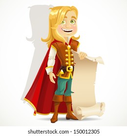 Cute blond prince with a scroll of parchment for your banner