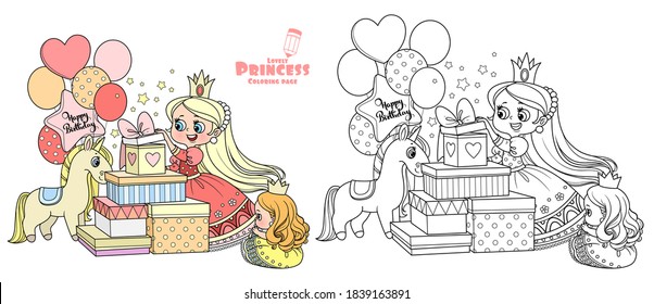 Cute blond princess opens birthday gifts outlined and color for coloring book