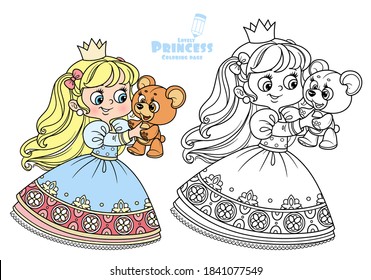 Cute blond princess playing with teddy bear outlined and with color for coloring book