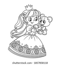 Cute blond princess playing with teddy bear outlined for coloring book
